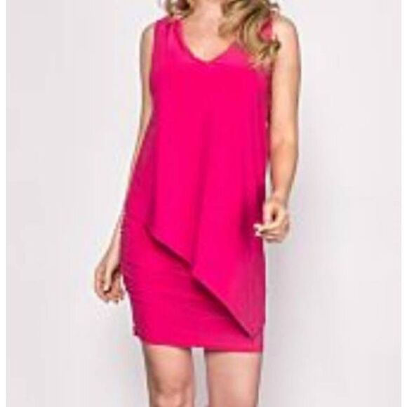 Last Tango Womens Sleeveless Asymmetric Top Layer Ruched Mini Pink Dress XS - Picture 5 of 15